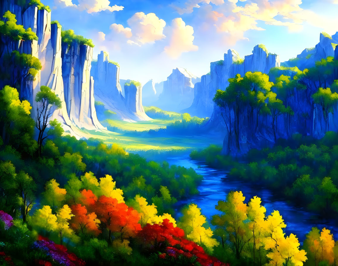 Scenic landscape with towering cliffs, river, and autumn trees