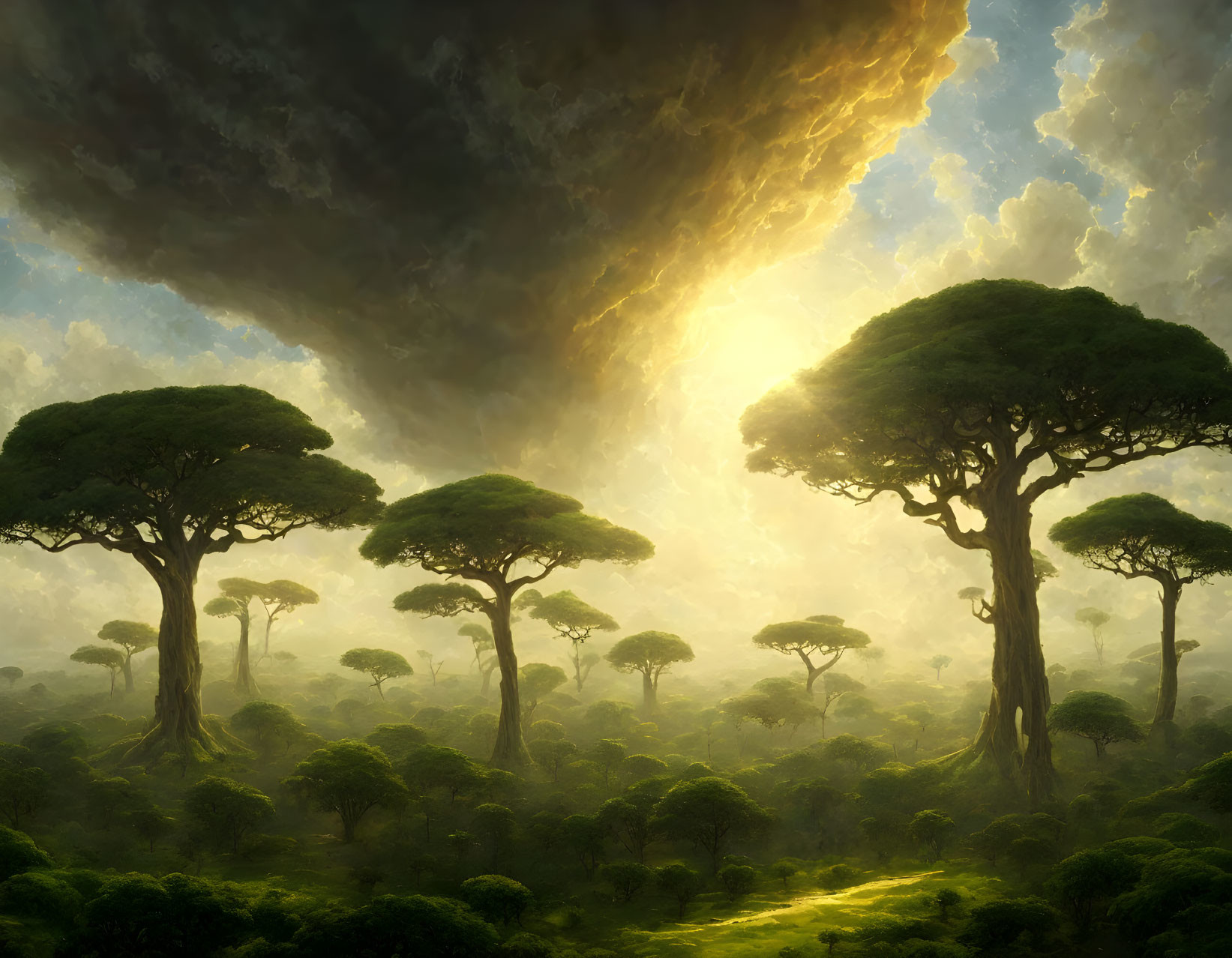 Tranquil forest landscape with tall trees under golden light