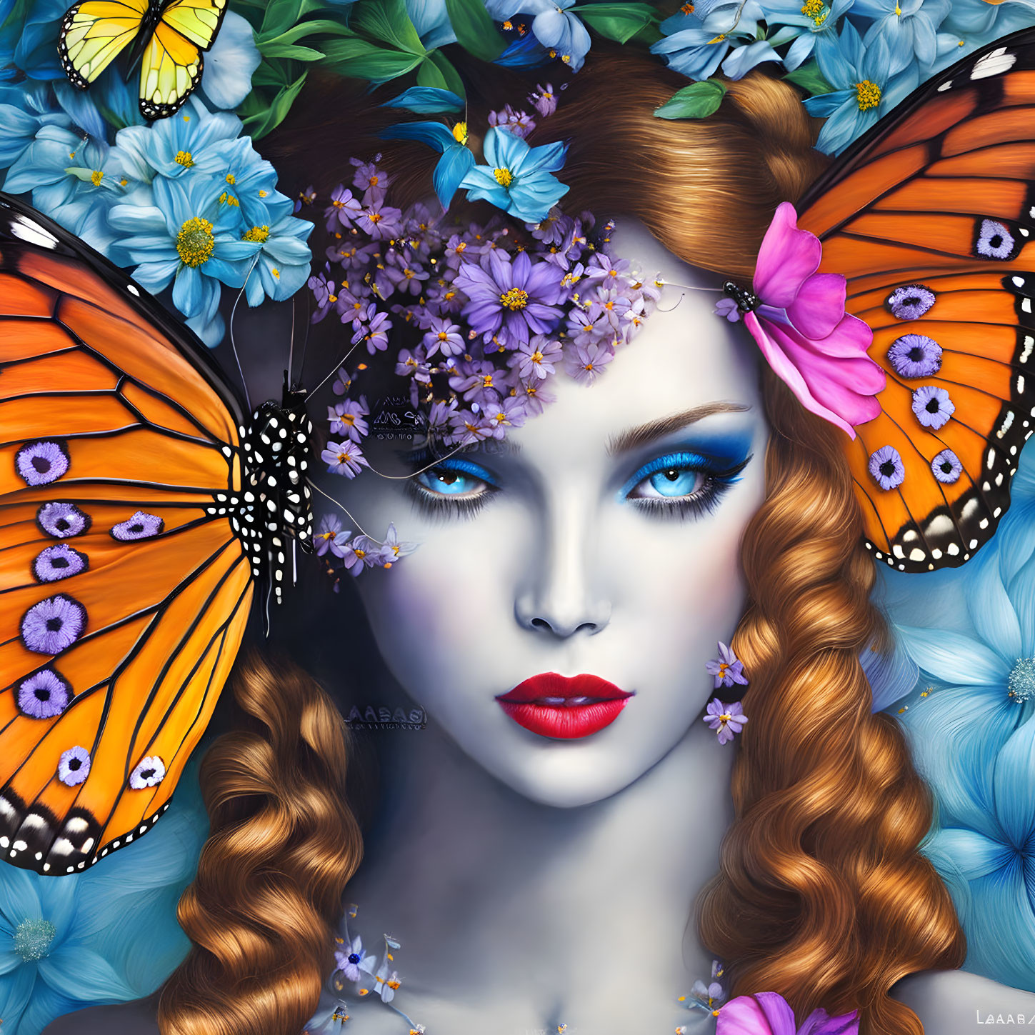 Digital Artwork: Woman with Blue Eyes, Butterflies, and Flower Crown