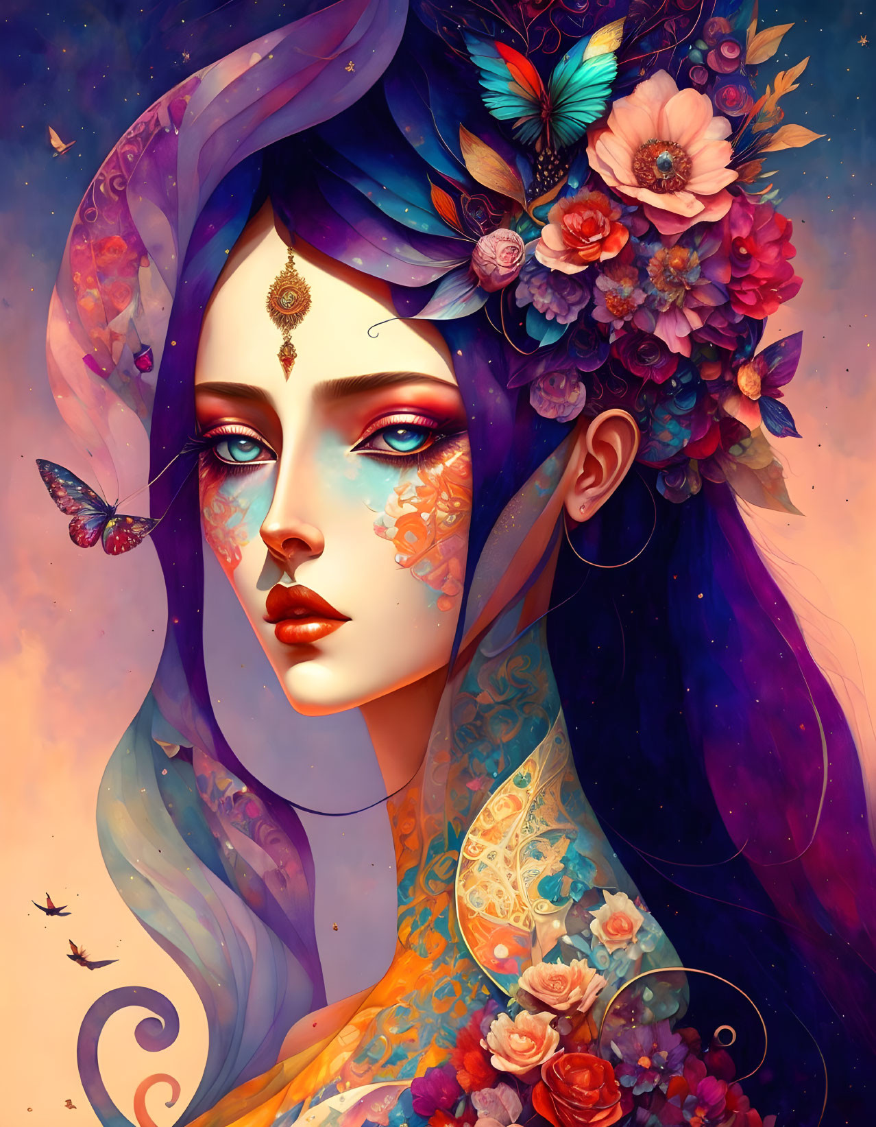 Woman with floral headpiece and butterflies on cosmic background