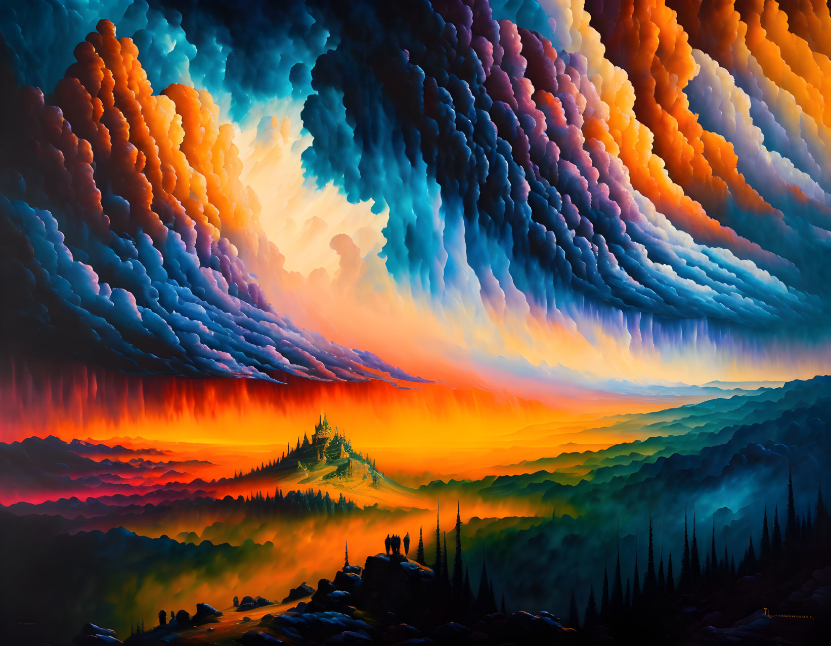 Colorful landscape painting: dramatic sunset over silhouetted hills