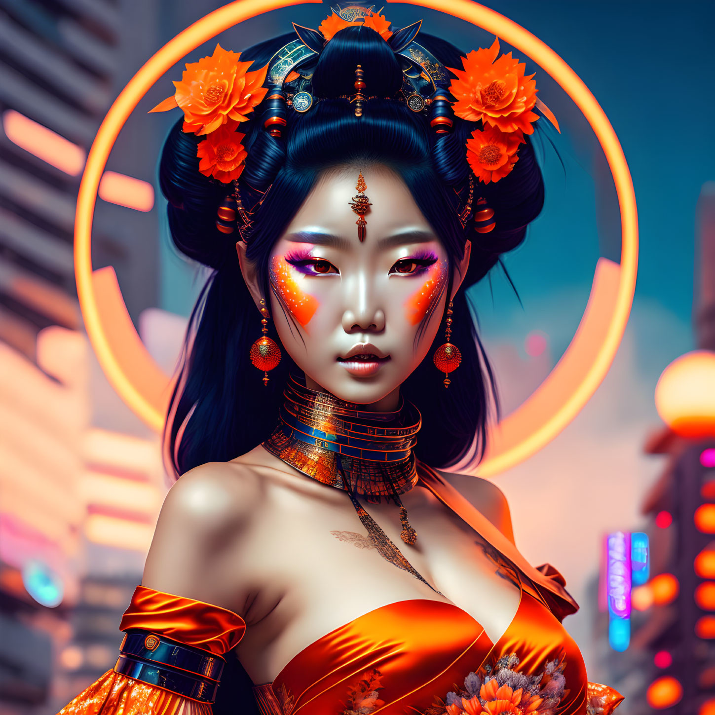 Digital artwork of woman with stylized Asian features in vibrant makeup and ornate orange attire with glowing halo