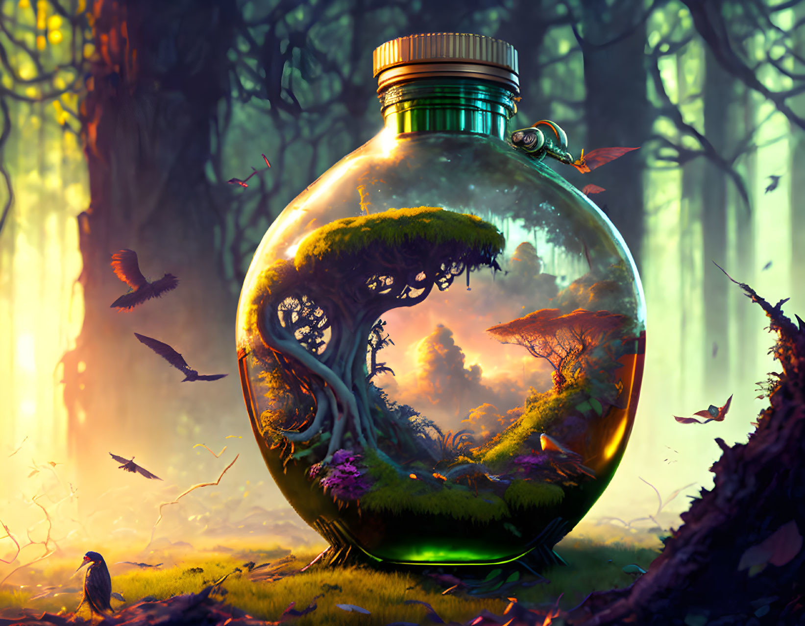 Miniature lush landscape with wildlife in clear bottle against forest backdrop