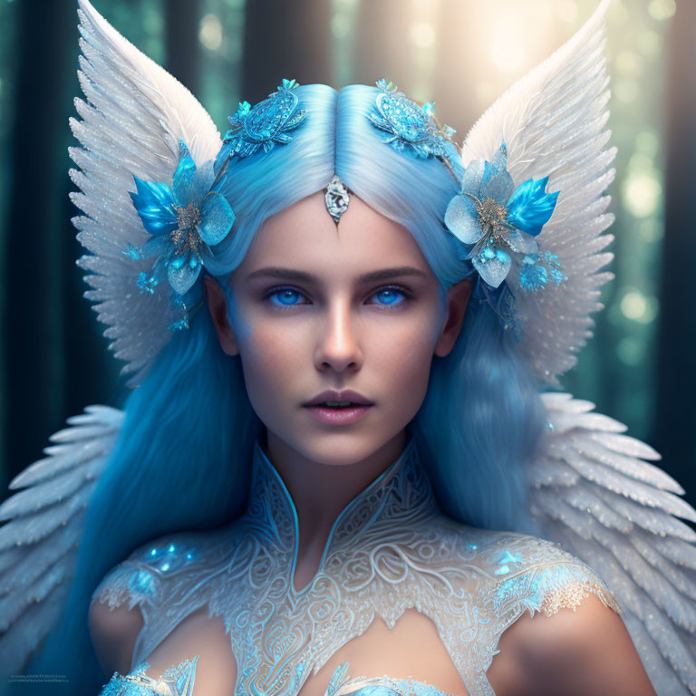 Fantasy portrait: Woman with blue hair, feathered wings, floral headpiece in ethereal forest