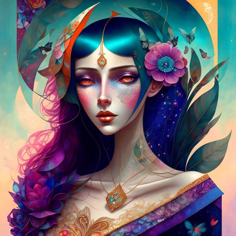 Vibrant artwork of a woman with blue hair and mystical accessories