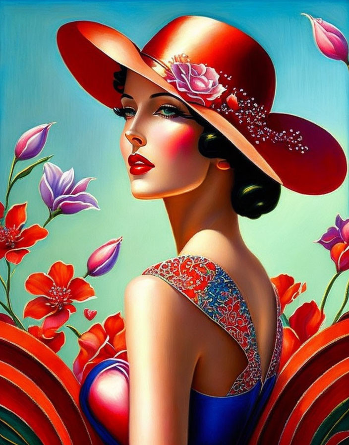 Colorful portrait of woman with red hat and floral tattoo surrounded by flowers