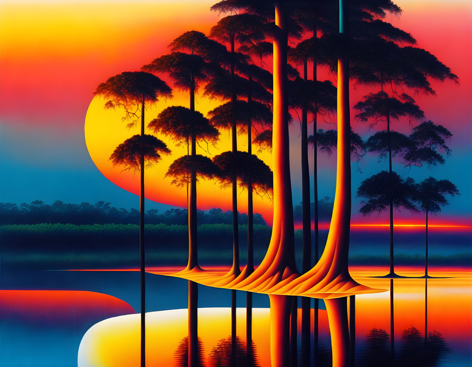 Surreal tall trees with lava trunks in vibrant sunset scene