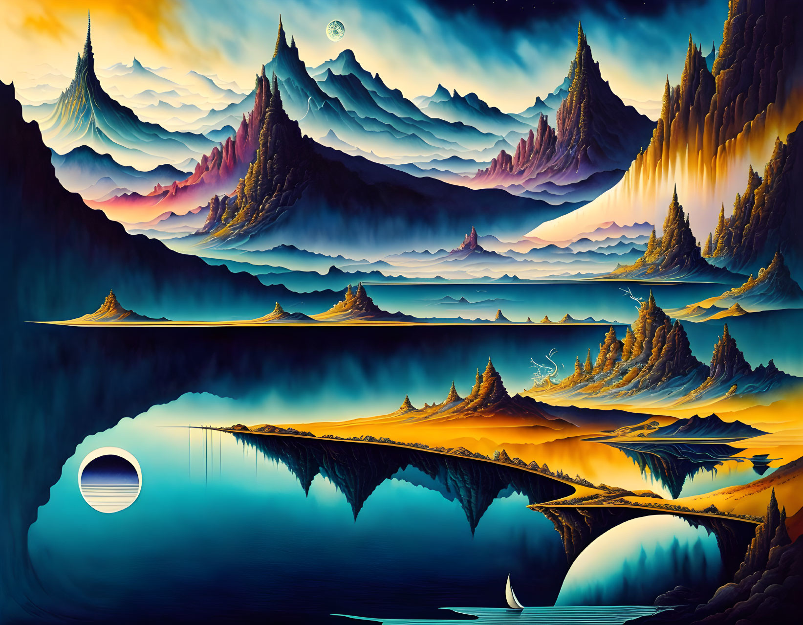 Vibrant Fantastical Landscape with Layered Mountains and Celestial Bodies