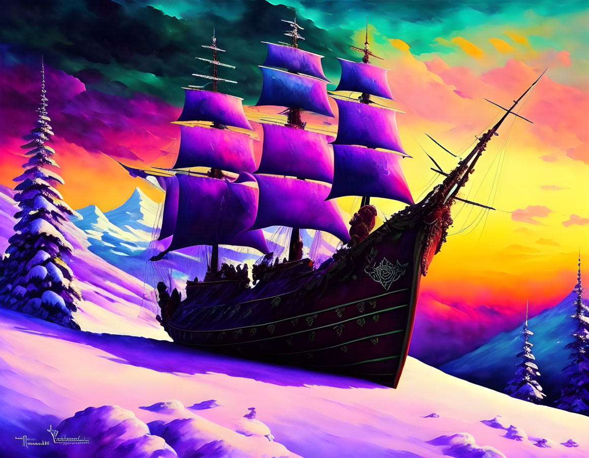 Colorful sunset sky painting of sail ship on snow landscape