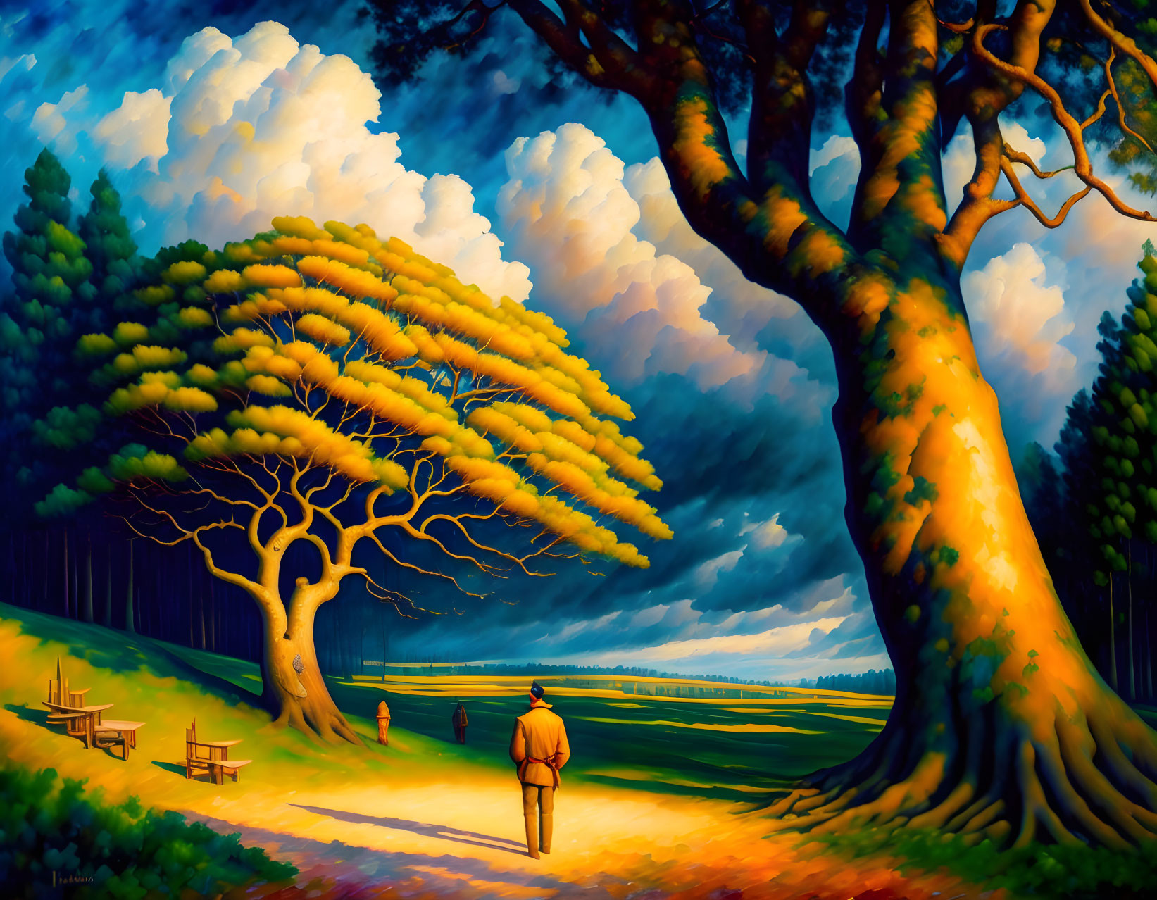 Colorful painting of person walking in fantastical forest