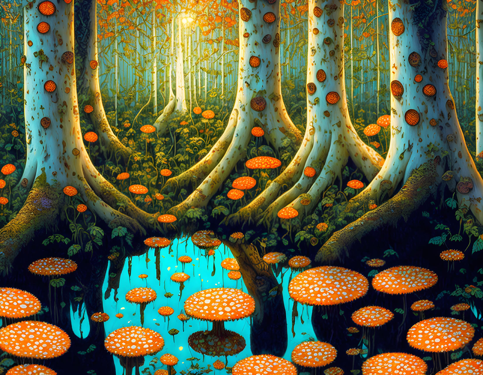 Luminous orange mushrooms in serene forest scene