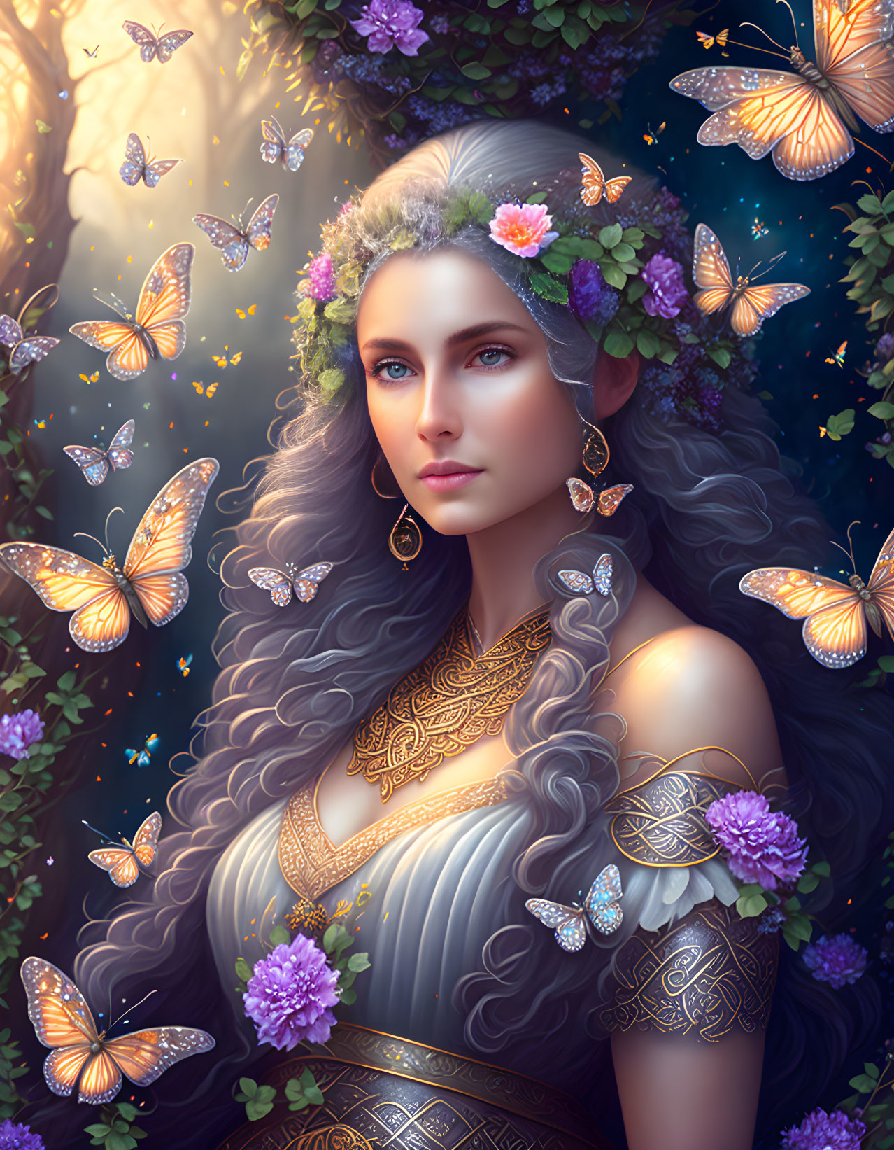 Ethereal woman adorned with gold jewelry and tattoos, surrounded by butterflies in natural setting