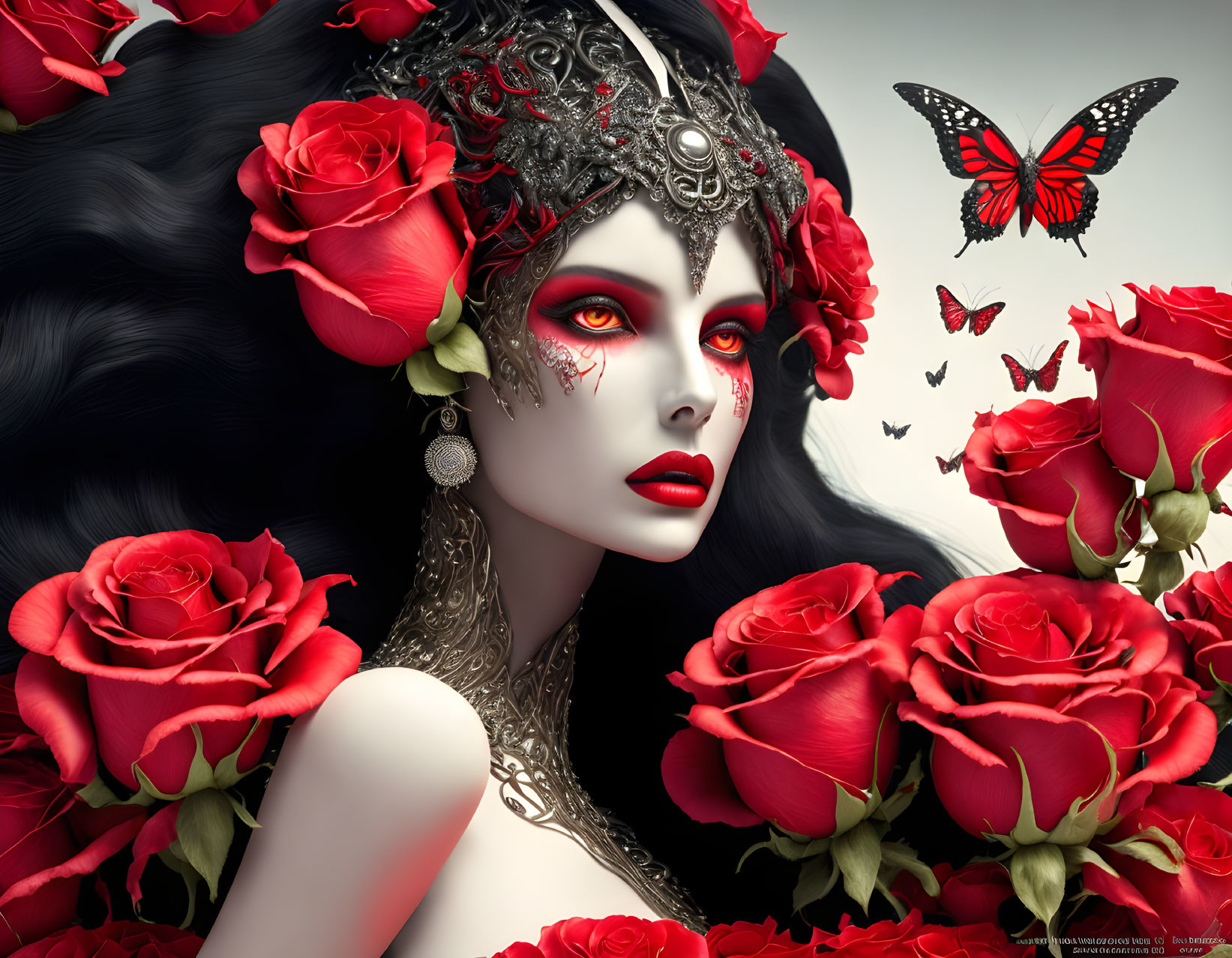 Gothic fantasy art: Woman with red eyes, roses, crown, and butterflies