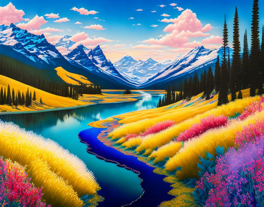 Colorful Mountain Landscape with River and Flowers Under Pink Clouded Sky