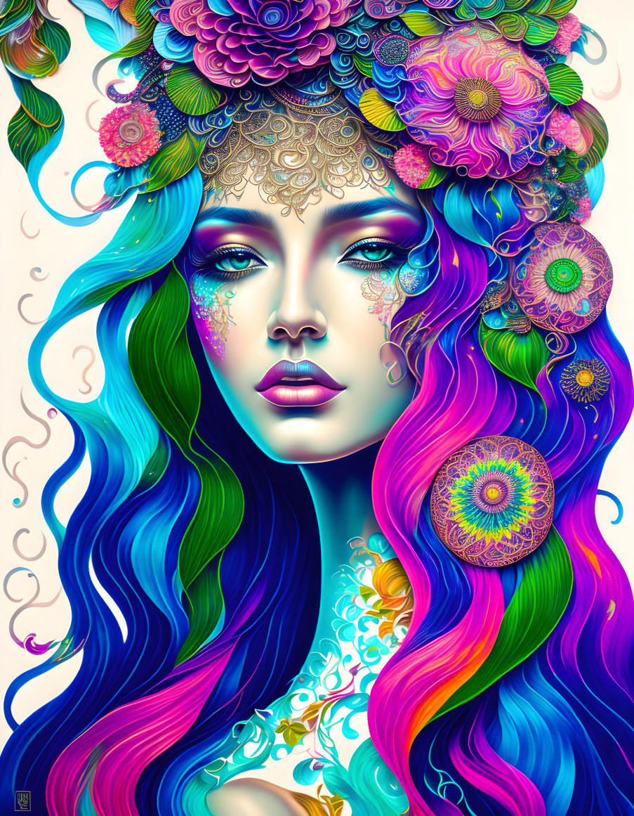 Colorful Illustration of Woman with Blue and Teal Hair and Golden Headpiece