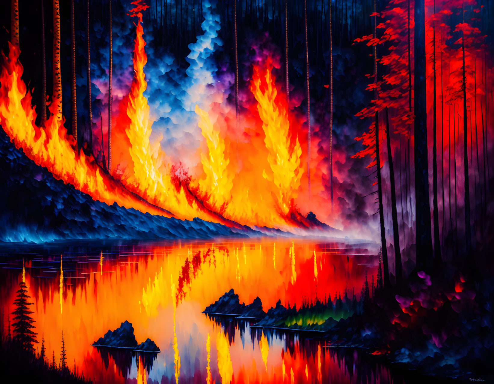 Vibrant painting of fierce forest fire with towering flames reflected in water