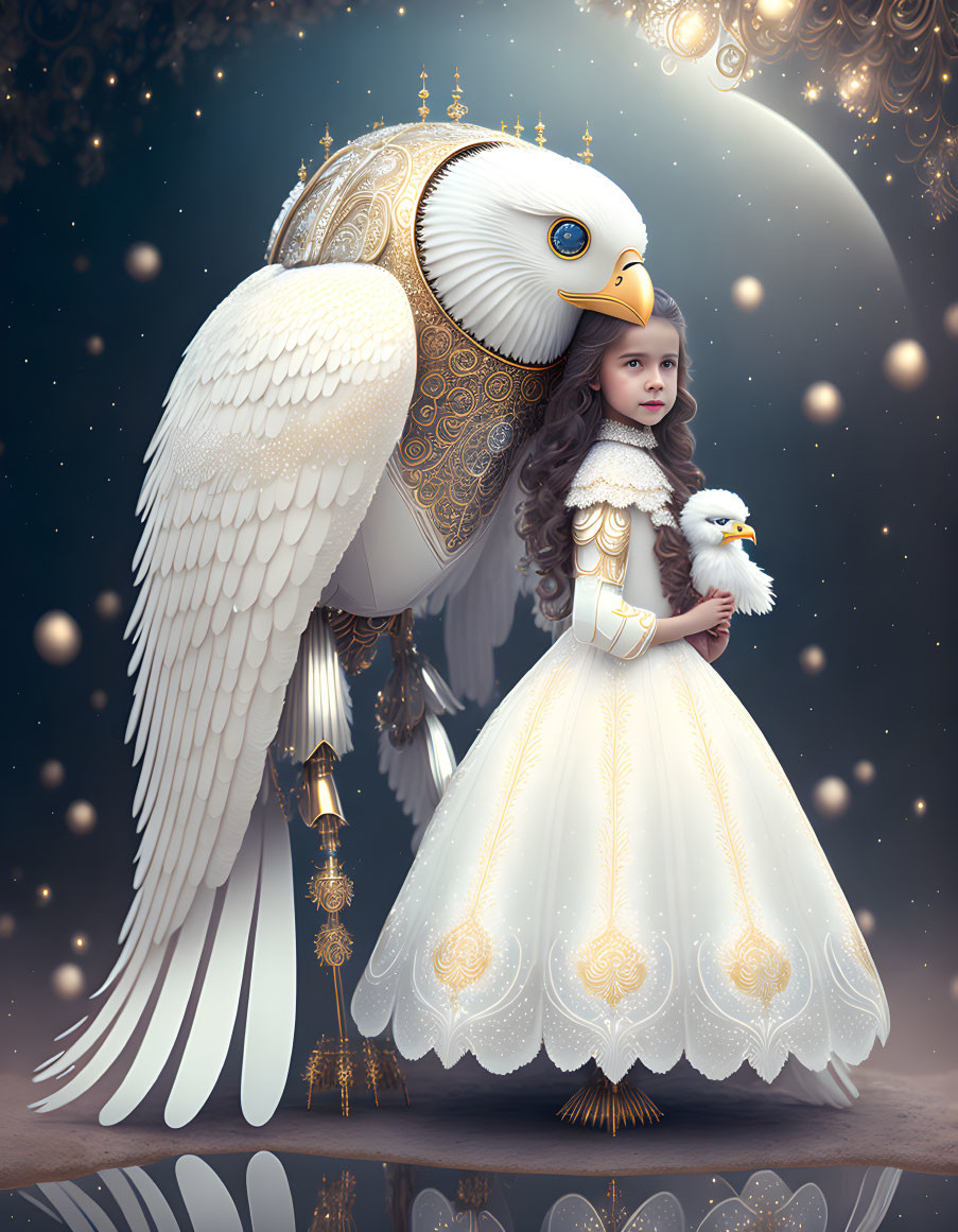 Young girl in white gown with majestic eagle in mystical setting