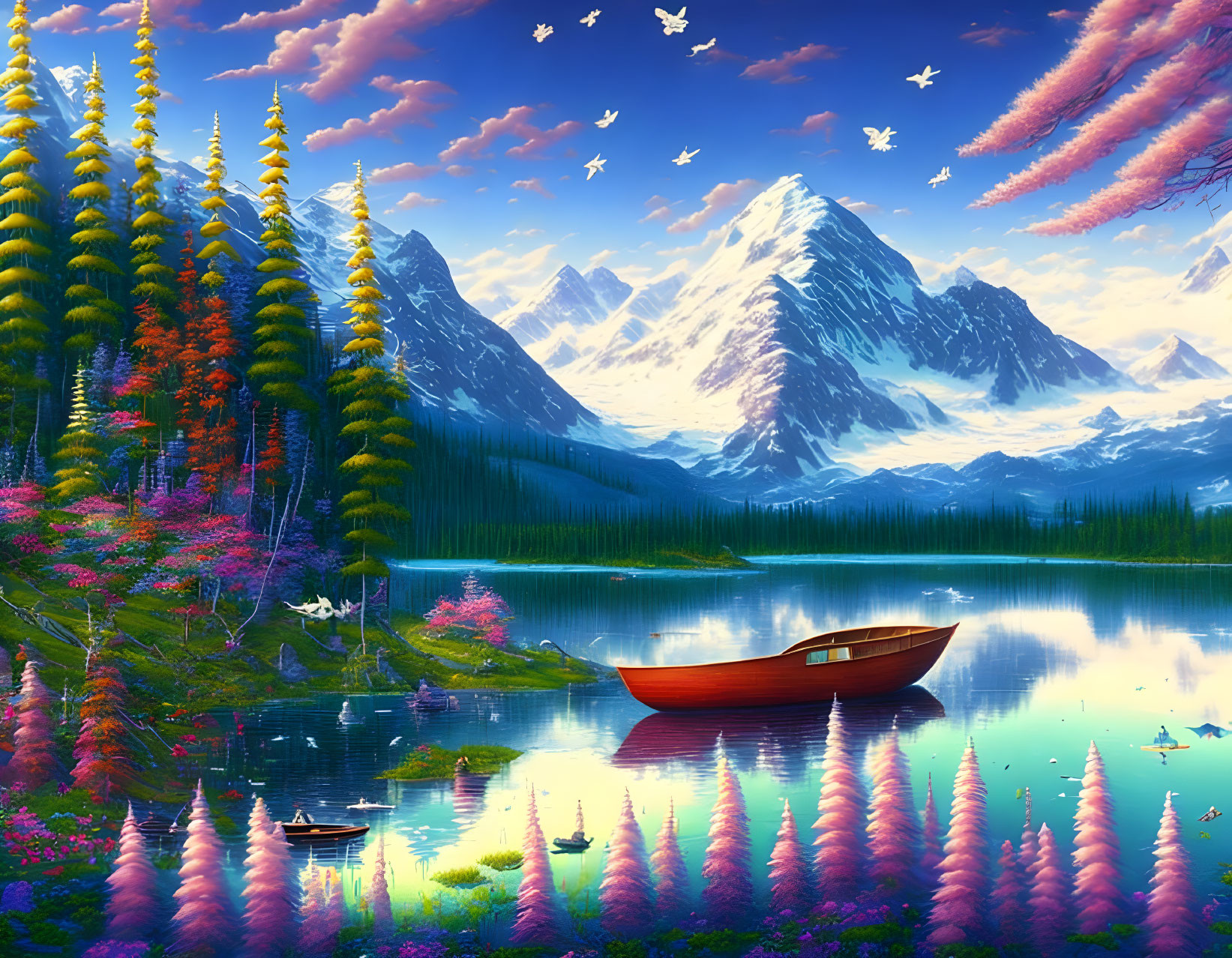 Tranquil lake scene with snow-capped mountains, boat, trees, and birds