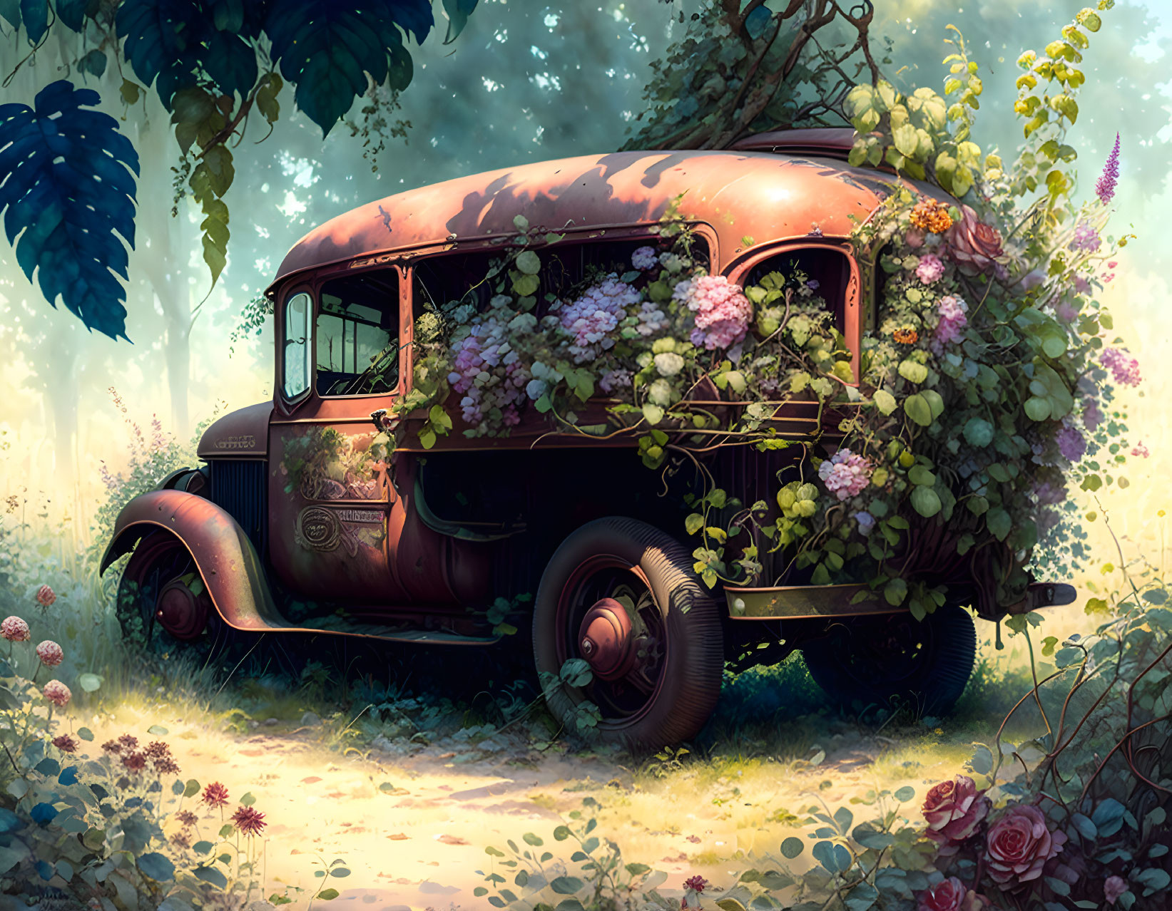 Abandoned vintage car surrounded by greenery and flowers in sunlit forest