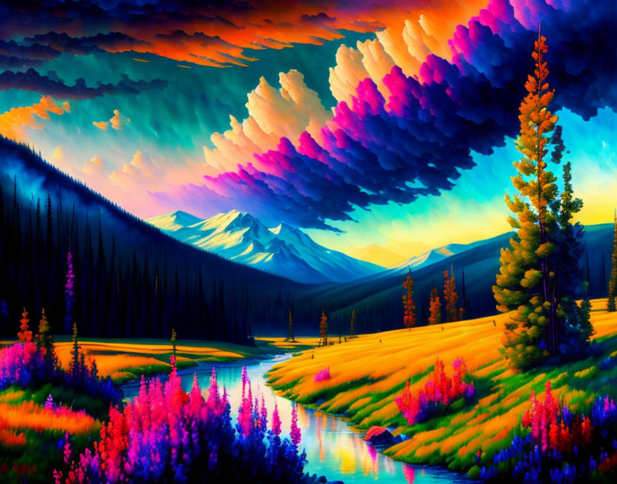 Colorful landscape painting with sky, mountains, trees, river, and flowers