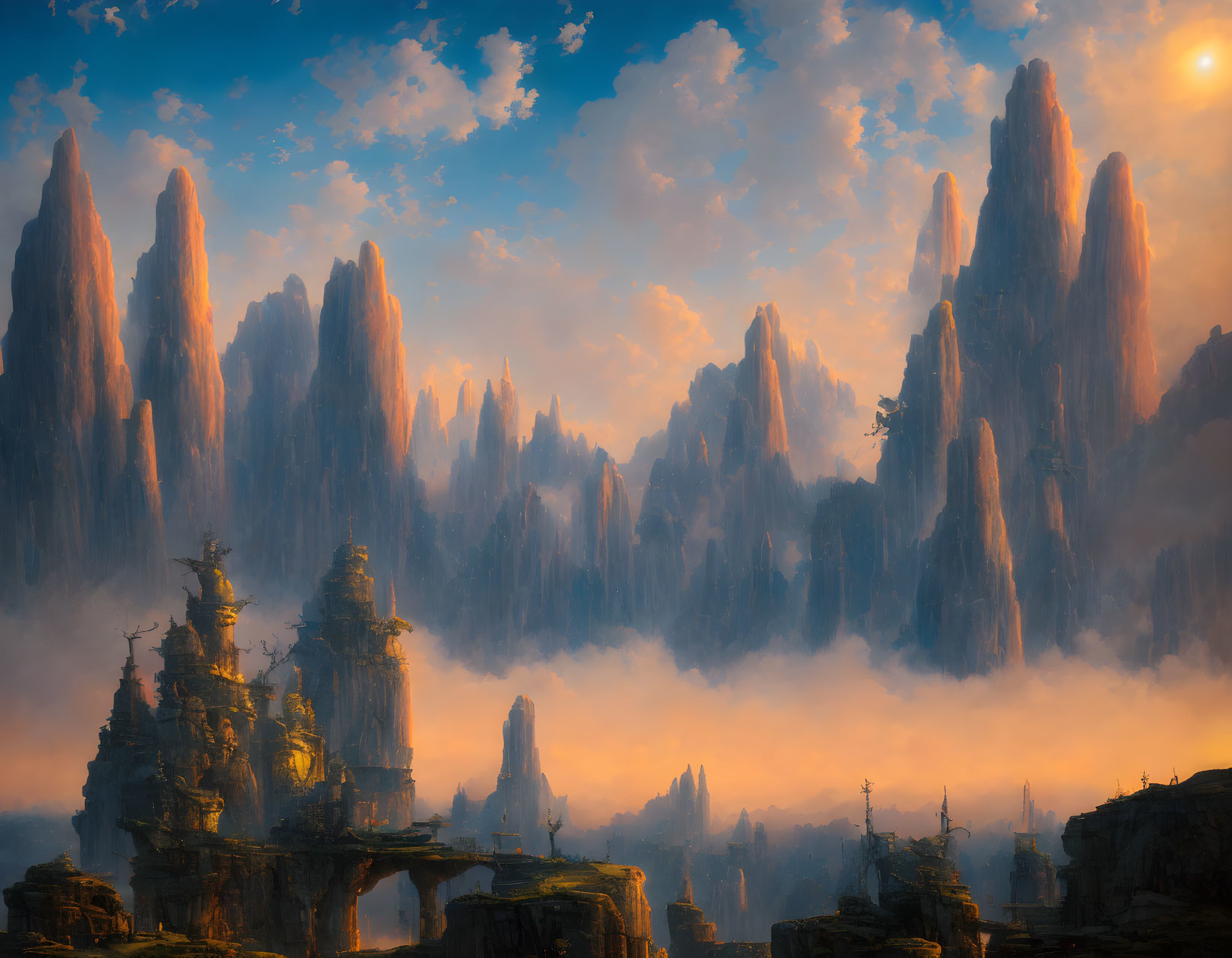 Fantasy landscape with towering rock spires and ancient buildings at sunset