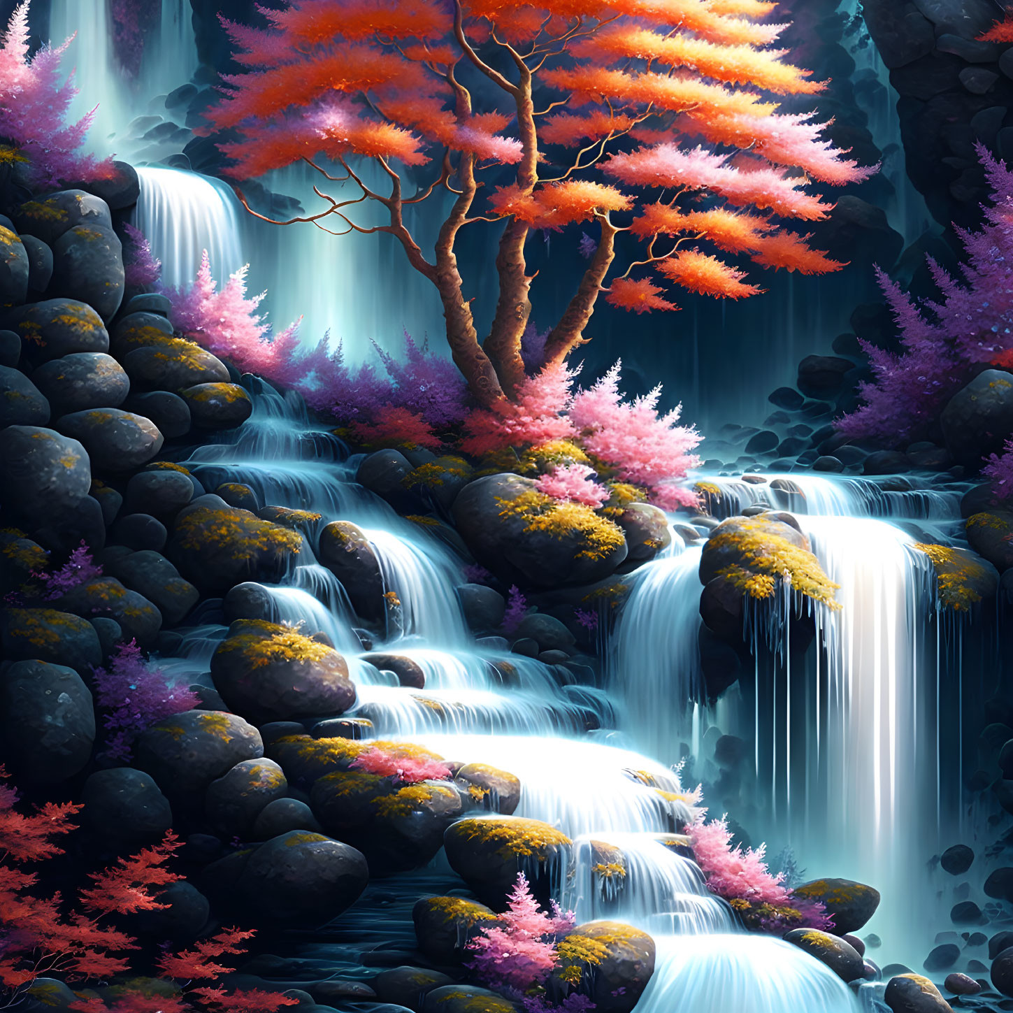 Majestic waterfall surrounded by autumn trees and mystical blue glow