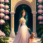 Regal woman in crown and gown with flower basket in floral doorway