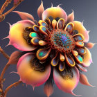 Surreal digital art: ornate metallic flower with gold and pink petals, iridescent blue