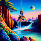 Surreal landscape with Eiffel Tower, waterfall, cliffs, and moonlit sky