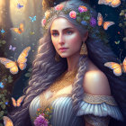 Ethereal woman adorned with gold jewelry and tattoos, surrounded by butterflies in natural setting