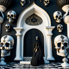 Gothic scene with robed figure, ornate door, skulls, checkerboard flooring