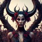 Fantasy image of woman with horns, dark makeup, floral adornments, and mystical headdress among