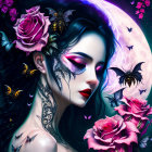 Digital Artwork: Woman with Makeup and Tattoos, Pink Roses, Bees, Moonlit Background