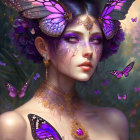 Fantastical portrait of woman with butterfly-themed makeup and adornments