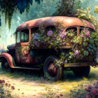 Abandoned vintage car surrounded by greenery and flowers in sunlit forest