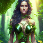 Woman in forest-themed attire with green leaves, serene expression, mystical backdrop