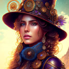 Steampunk-themed woman in gear-adorned outfit and intricate hat.