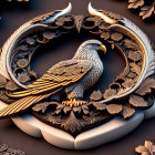 Detailed 3D yin-yang symbol with eagles and floral motifs on dark background