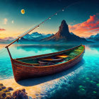 Surreal landscape with wooden boat, fish, fishing rod, luggage, mountains, and colorful sky