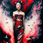 Ethereal woman in black with red floral designs against smoky background