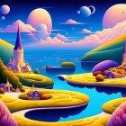 Fantasy landscape with castles, rivers, hills, and moons