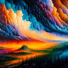 Colorful landscape painting: dramatic sunset over silhouetted hills