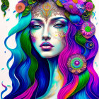 Colorful Illustration of Woman with Blue and Teal Hair and Golden Headpiece