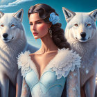 Woman with Blue Floral Headpiece Surrounded by White Wolves in Snowy Scene