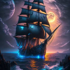 Majestic sailing ship in night sky with glowing windows, smaller ships, moon, and stars