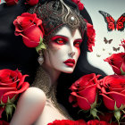 Gothic fantasy art: Woman with red eyes, roses, crown, and butterflies