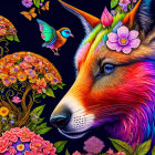 Colorful Illustration: Whimsical Fox with Unicorn Horn in Lush Flora