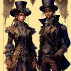 Steampunk-themed individuals in ornate attire with top hats and Victorian-style jackets