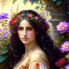 Dark-haired woman with floral crown in front of vibrant flower backdrop