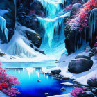 Winter Scene Illustration: Icy Waterfalls, Blue Pond, Colorful Vegetation